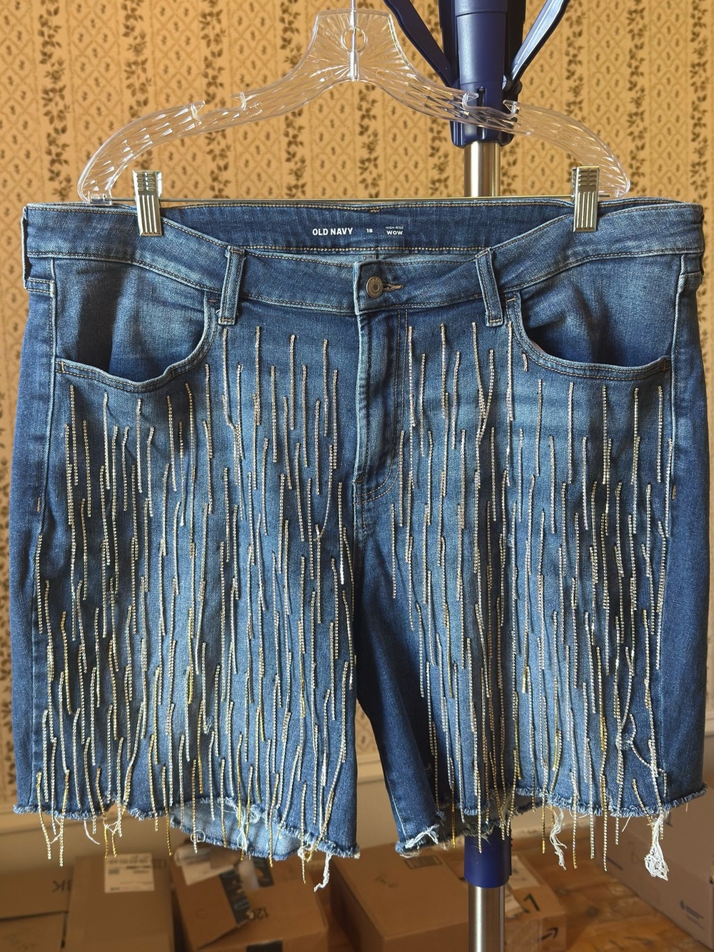 Old Navy Cut Off Denim Shorts with Silver & Gold Rhinestone Fringe